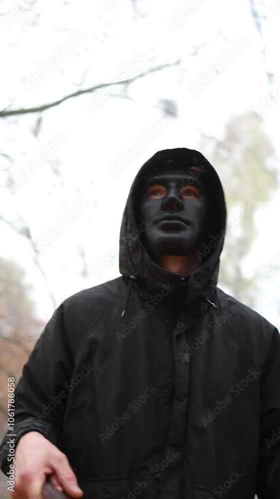 A figure dressed in a black hooded jacket and wearing a dark mask stands ominously in a deserted outdoor area, surrounded by bare branches. The scene evokes a sense of danger and suspense, portraying A figure dressed in a black hooded jacket and wearing a dark mask stands ominously in a deserted outdoor area, surrounded by bare branches. The scene evokes a sense of danger and suspense, portraying