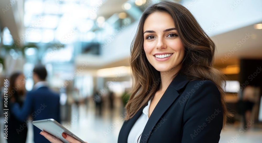 Professional woman holding tablet in modern office environment smiling confidently Professional woman holding tablet in modern office environment smiling confidently