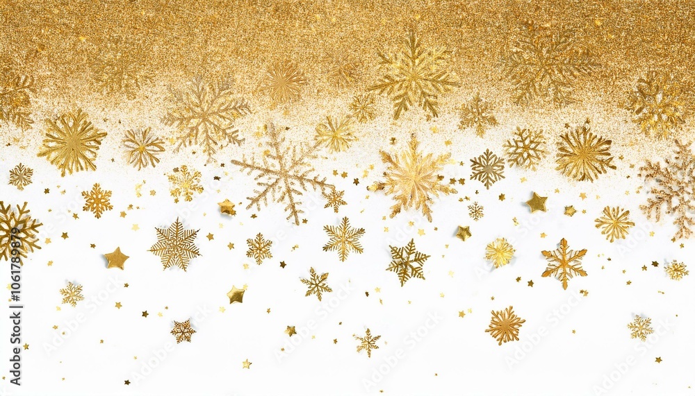Falling snow flake golden pattern background. Gold snowfall overlay texture isolated on transparent white background. Winter Xmas snowflake elementsfor Christmas of New Year holiday design template Falling snow flake golden pattern background. Gold snowfall overlay texture isolated on transparent white background. Winter Xmas snowflake elementsfor Christmas of New Year holiday design template
