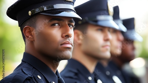 Police officers in uniform are lined up, showcasing their attire