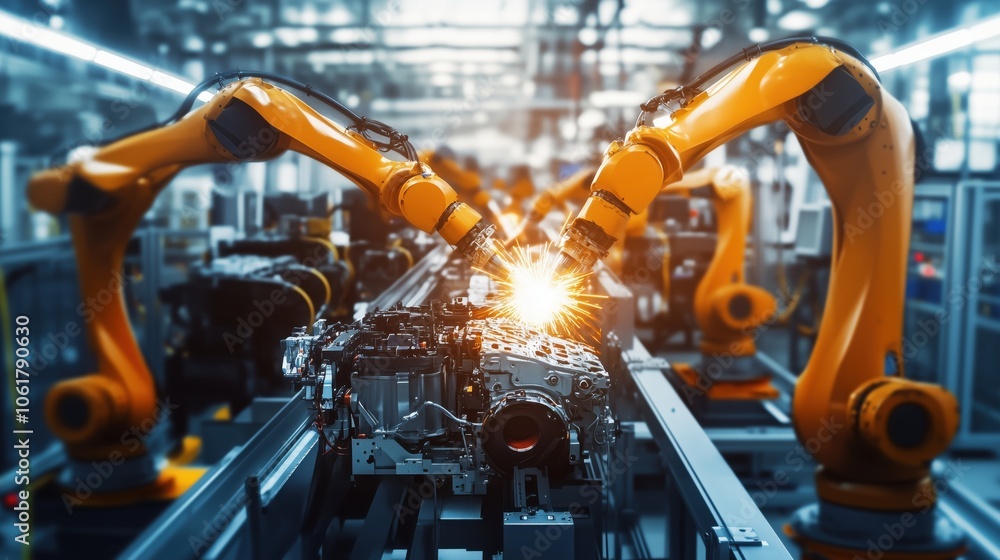 Robotic arms welding car engine parts on assembly line in factory. Robotic arms welding car engine parts on assembly line in factory.