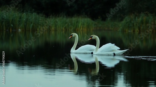 A pair of swans gliding together across a calm, reflective pond