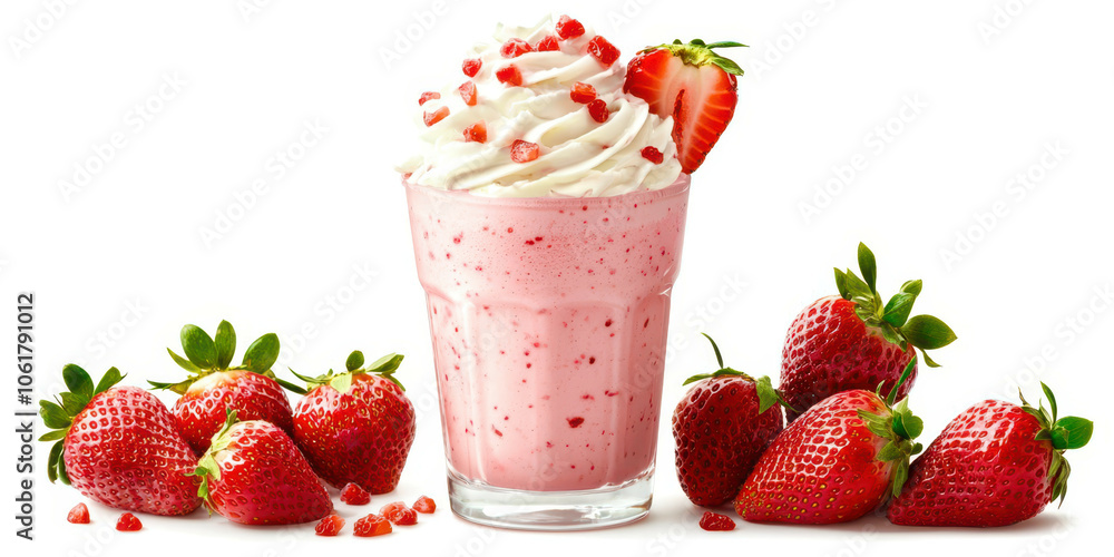A glass of strawberry milkshake with strawberries on the table A glass of strawberry milkshake with strawberries on the table