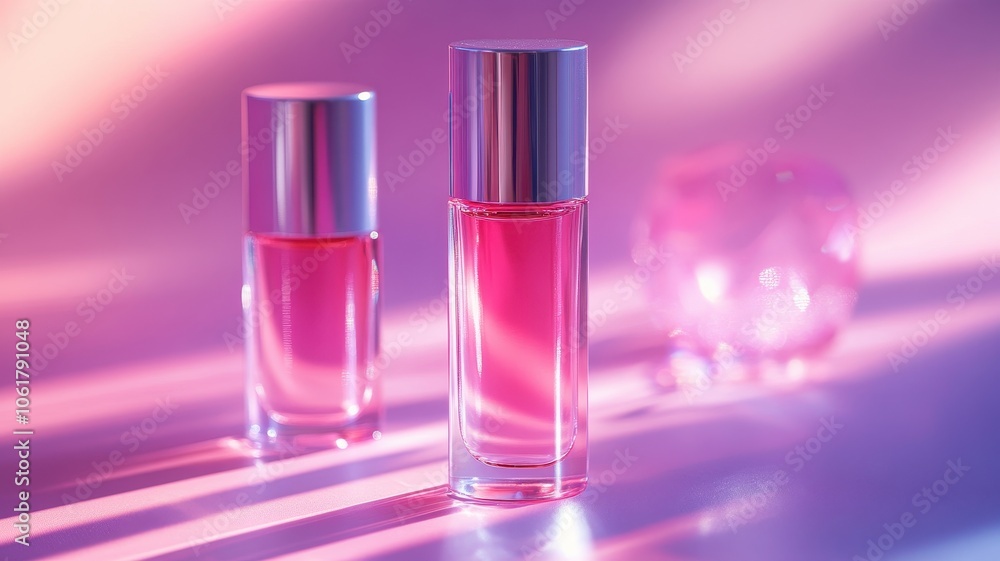 Stylish perfume bottles with vibrant pink liquid, illuminated by soft pastel lighting, creating an elegant and luxurious atmosphere. Stylish perfume bottles with vibrant pink liquid, illuminated by soft pastel lighting, creating an elegant and luxurious atmosphere.