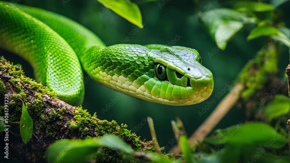 Obraz premium A green snake is on a branch