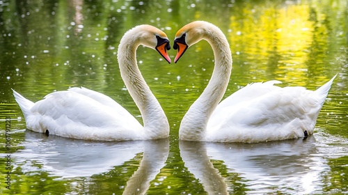 Fototapeta Naklejka Na Ścianę i Meble -  A pair of swans making a heart shape with their necks as they swim together in a serene pond