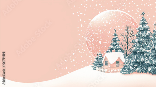 A snow globe with a miniature winter scene inside, positioned on one side of a solid pastel background.
