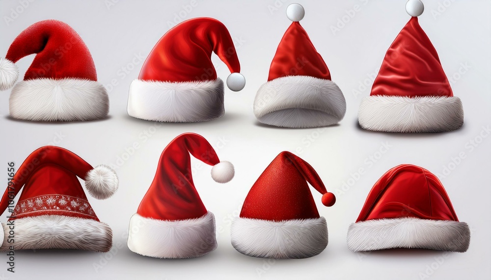 Realistic set of red santa hats. New Year red hat. - stock vector. Realistic set of red santa hats. New Year red hat. - stock vector.