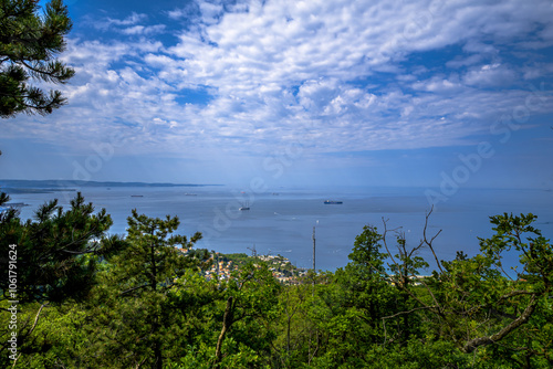 A breathtaking view of a large body of water, surrounded by many trees