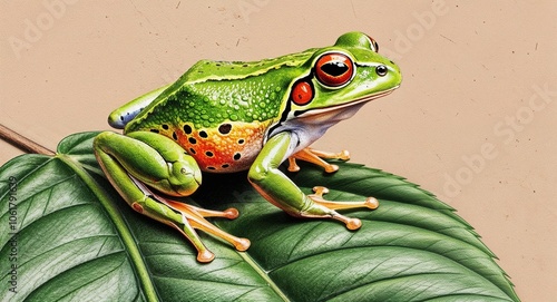 Tree frog on leaf hand drawing photo