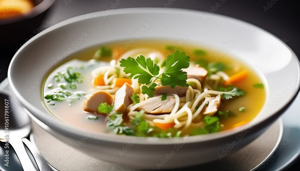 Chicken soup with meat, vegetables and parsley, ai Chicken soup with meat, vegetables and parsley, ai