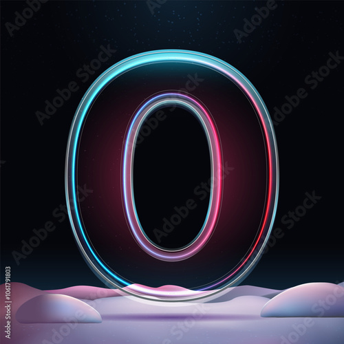 3D number zero with neon light insight. Glass symbol with sparkles and winter background. Futuristic holiday decoration. Element for design poster, advertisign or game