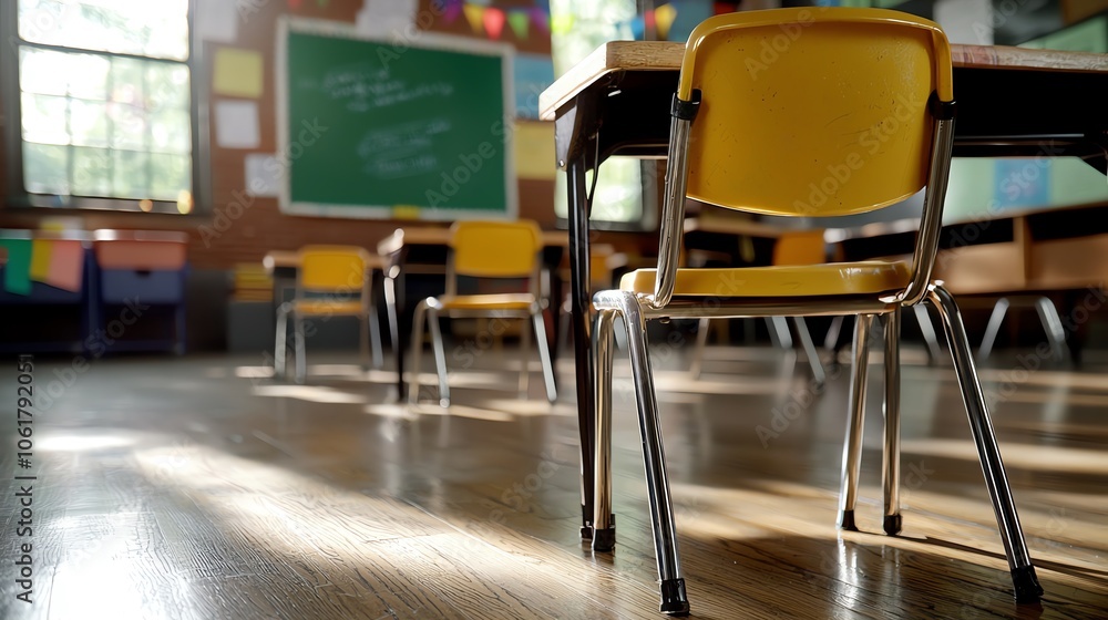 Classroom setting with yellow chairs and a chalkboard in a bright atmosphere. Classroom setting with yellow chairs and a chalkboard in a bright atmosphere.