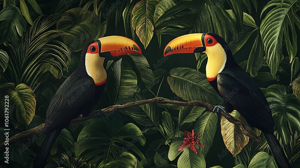 Naklejka premium A pair of toucans perched on a vibrant tropical branch, their colorful beaks contrasting with the lush foliage 