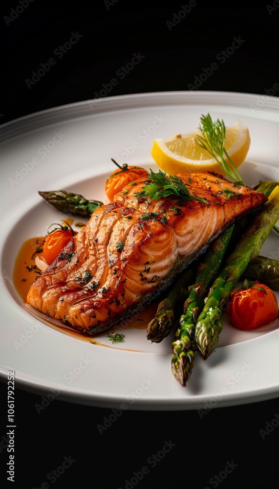 Deliciously baked salmon with lemon and herbs served with tender asparagus for a healthy meal Deliciously baked salmon with lemon and herbs served with tender asparagus for a healthy meal
