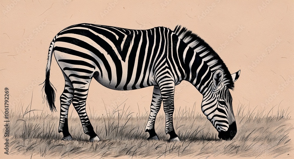 Zebra grazing on the grassland hand drawing Zebra grazing on the grassland hand drawing