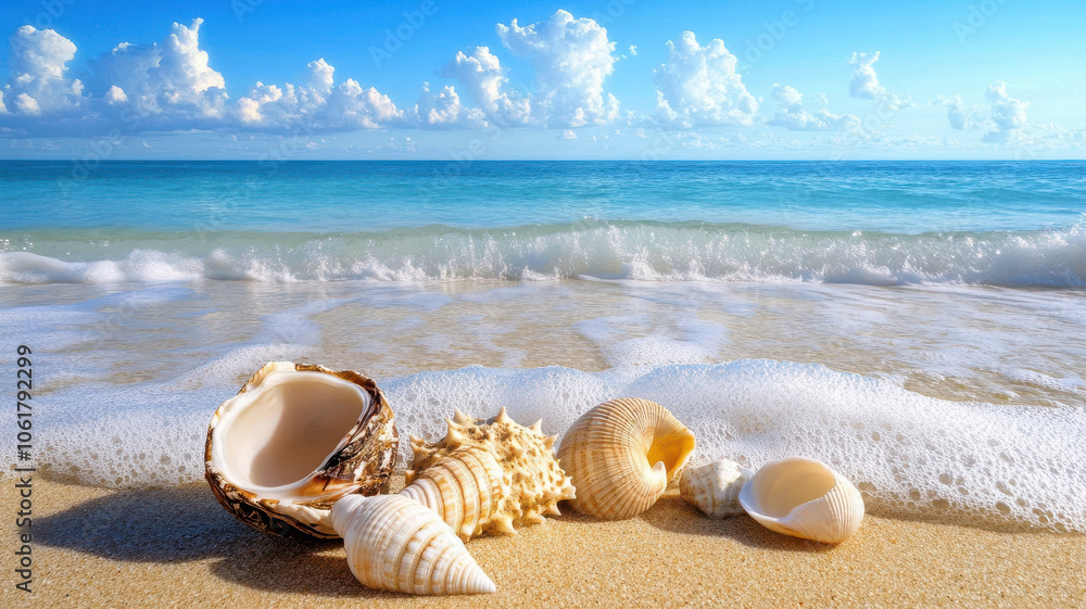 sandy beach with gentle waves washing up seashells in summer, creating serene and tranquil atmosphere. clear blue sky complements beautiful shoreline sandy beach with gentle waves washing up seashells in summer, creating serene and tranquil atmosphere. clear blue sky complements beautiful shoreline