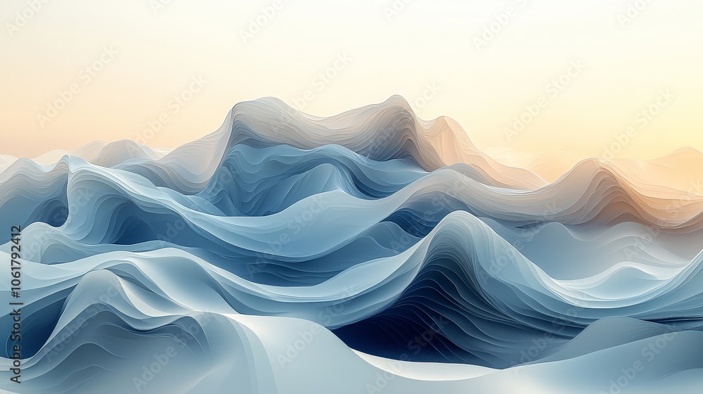 Abstract representation of flowing waves and mountains in soft colors, evoking tranquility. Abstract representation of flowing waves and mountains in soft colors, evoking tranquility.