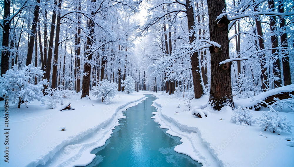 Snowy forest with frozen turquoise river and winter scenery, tranquil nature landscape, copy space, New Year marathon theme Snowy forest with frozen turquoise river and winter scenery, tranquil nature landscape, copy space, New Year marathon theme