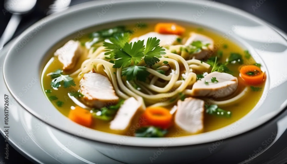 Chicken soup with meat, vegetables and parsley, ai Chicken soup with meat, vegetables and parsley, ai