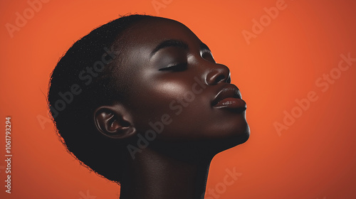 Selbstbewusste afroamerikanische Frau, lächelnde Porträtpose, vor moderner Wandkulisse, modisches Styling, urbane Fotoshooting-Optik, professionelles Beauty-Portrait photo