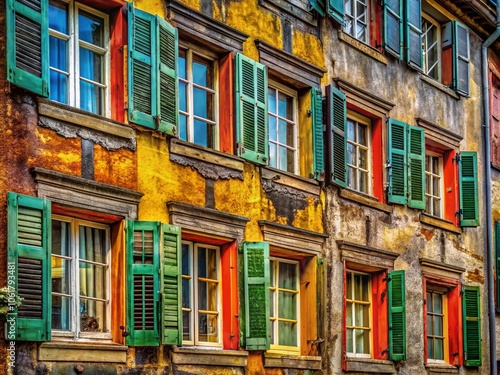 Macro Photography of Windows on an Old Factory Facade in Diesbach, Glarus, Switzerland - Capturing Rustic Charm and Architectural Details in Close-Up photo