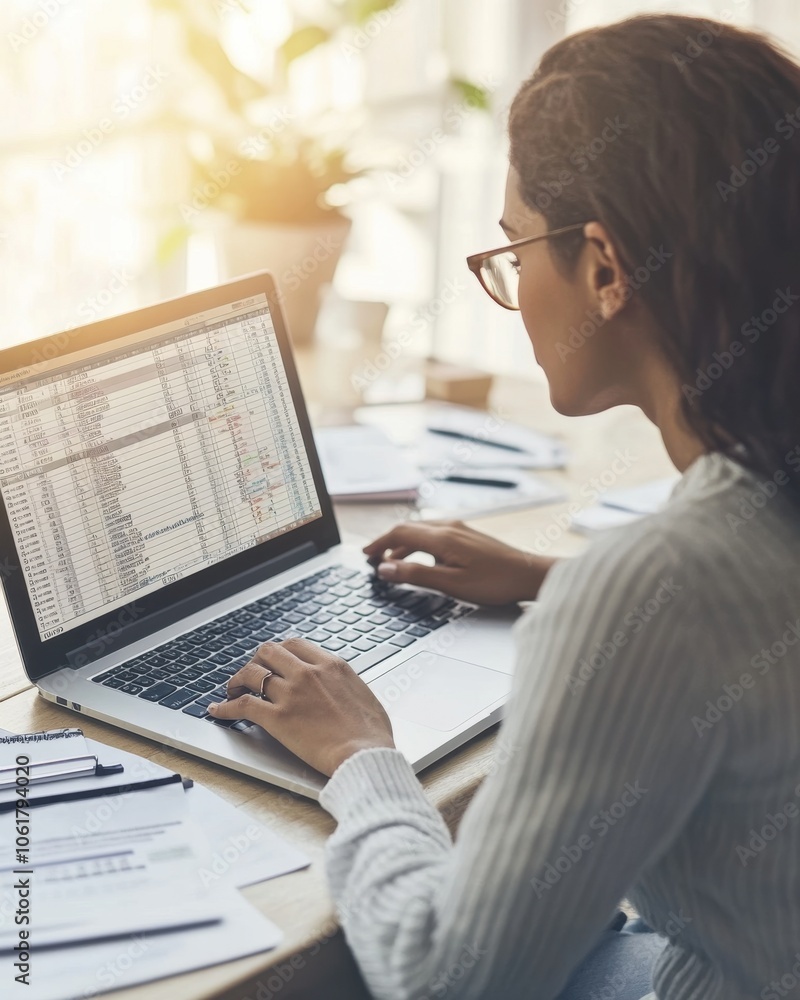 A focused woman working diligently on a laptop in a bright office during the morning hours A focused woman working diligently on a laptop in a bright office during the morning hours