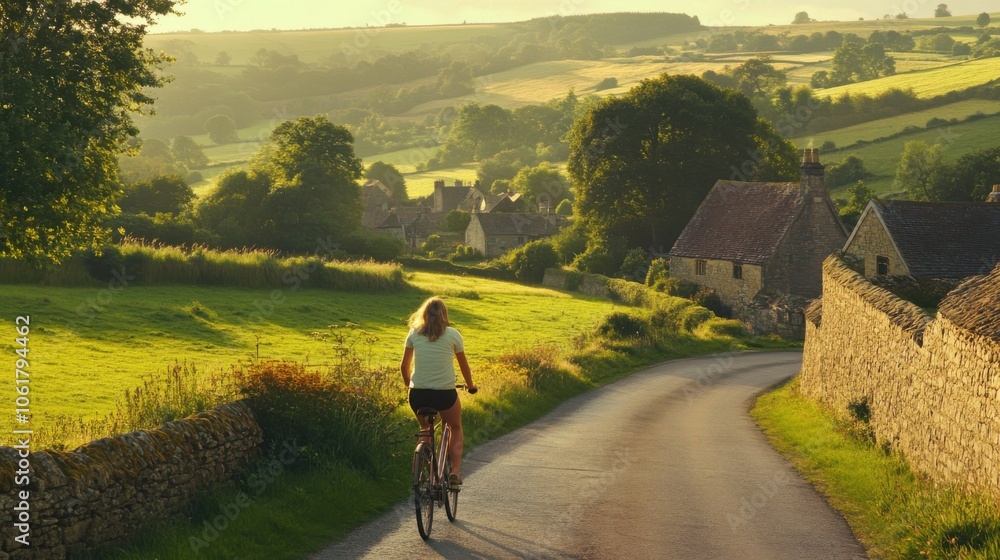 Obraz premium A young British woman enjoys cycling through beautiful countryside valleys during sunset in the serene rural landscape