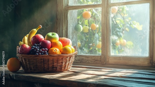 Fototapeta Naklejka Na Ścianę i Meble -  A wicker basket filled with vibrant fruits beside a sunlit window in a cozy room