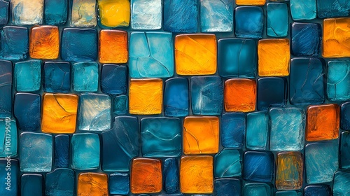 Canvas Print Colorful glass mosaic tiles in turquoise blue and orange patterns, translucent texture, geometric abstract design, and modern wall decoration with a glossy surface