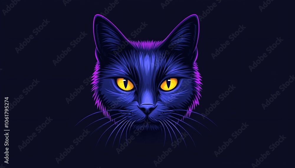 Mysterious Black Cat Icon with Glowing Yellow Eyes in Minimalist Style Against Dark Background - Digital Artwork Concept Mysterious Black Cat Icon with Glowing Yellow Eyes in Minimalist Style Against Dark Background - Digital Artwork Concept