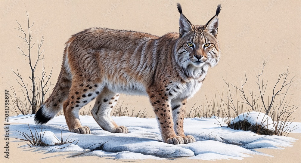 Fototapeta premium Lynx in tundra hand drawing