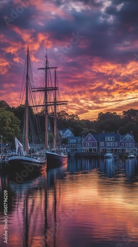 Stunning sunrise over Mystic Seaport featuring historic ships and vibrant reflection on calm water photo