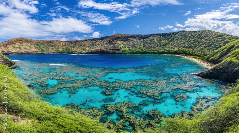 A breathtaking panorama of the turquoise waters and coral reefs at Hanauma Bay in Hawaii during a sunny day in mid-afternoon A breathtaking panorama of the turquoise waters and coral reefs at Hanauma Bay in Hawaii during a sunny day in mid-afternoon