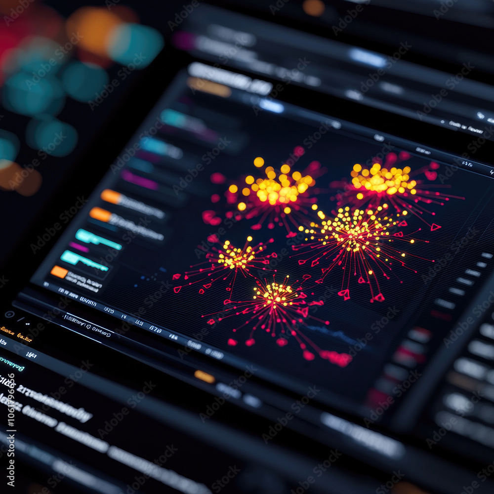 A vibrant, intricate data visualization displays clusters of dots in various colors against a dark background, showcasing information analysis in technology. A vibrant, intricate data visualization displays clusters of dots in various colors against a dark background, showcasing information analysis in technology.
