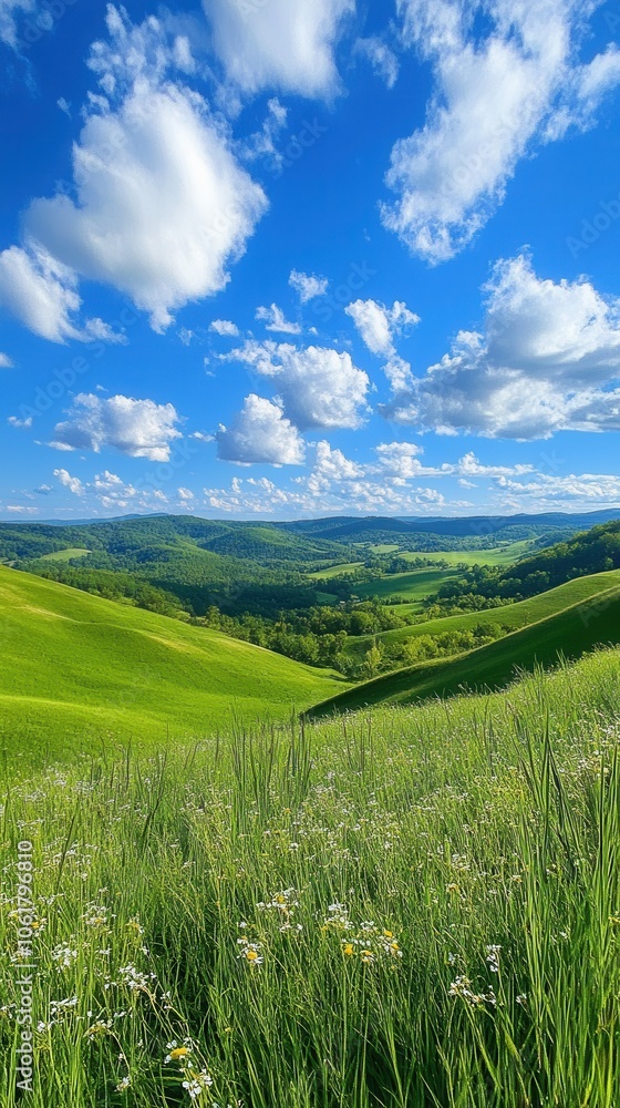 Obraz premium A breathtaking view of Pineville's green hills and vibrant blue skies filled with fluffy clouds during a sunny day