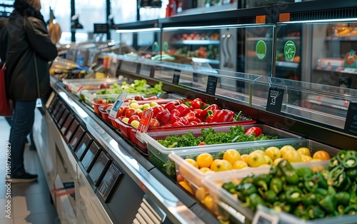 Self check out machines standing in a raw on self check out lane at the grocery store in supermarket, self service area, POS system. Automated tech concept. Copy space, defocused, blurred background