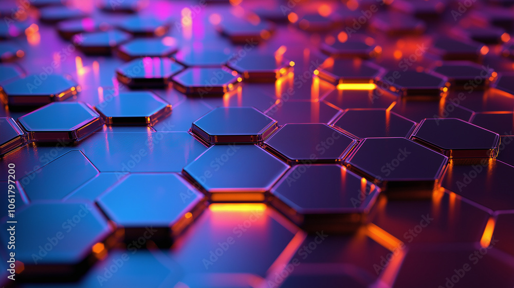 A dynamic, abstract metal hexagonal background with alternating hexagons lit by pulsating lights in various colors,