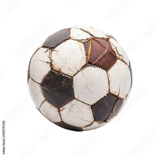 Examine the details of a punctured soccer ball with deflated patches isolated on white background