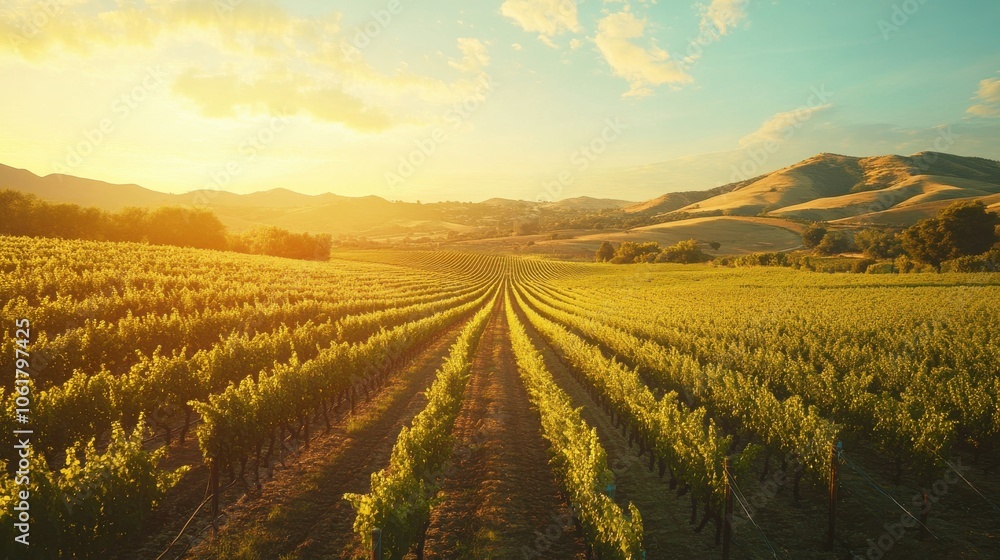 A beautiful vineyard in California at sunset with rows of lush grapevines stretching towards rolling hills and a vibrant sky A beautiful vineyard in California at sunset with rows of lush grapevines stretching towards rolling hills and a vibrant sky