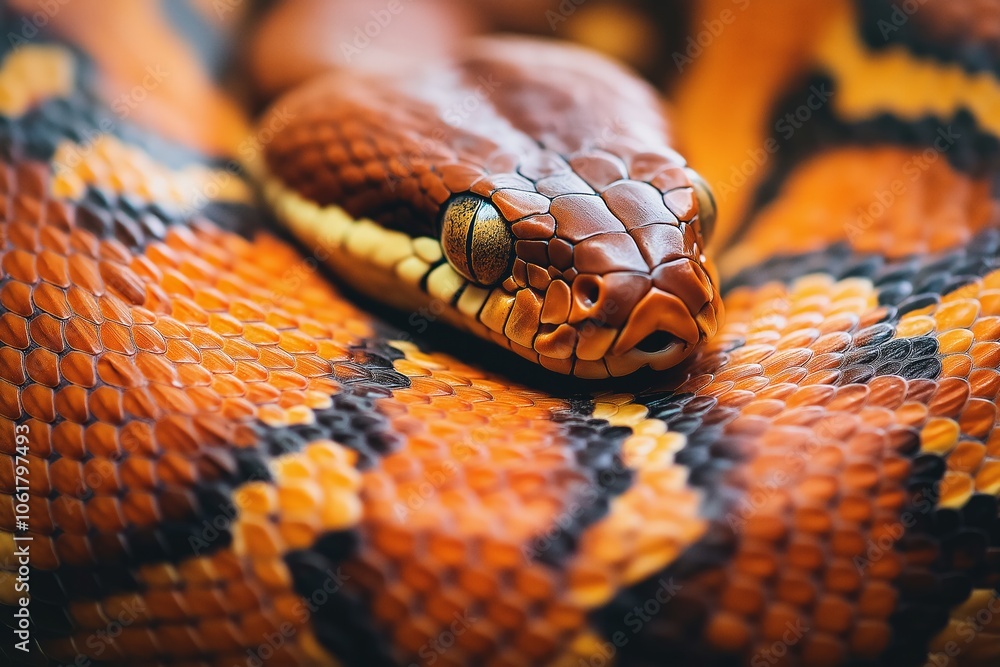 Fototapeta premium coiled snake with vibrant orange, black, and yellow scales and golden eyes. Macro shot of reptile skin and detailed pattern