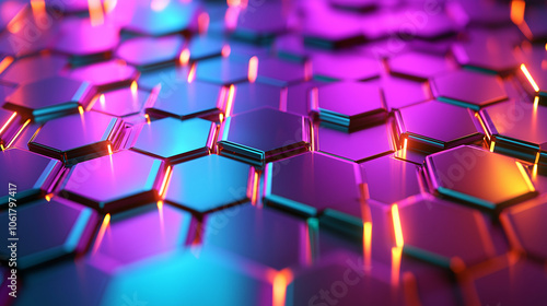 A dynamic, abstract metal hexagonal background with alternating hexagons lit by pulsating lights in various colors,