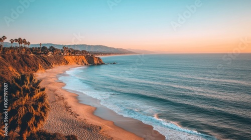 A tranquil evening view of the Malibu coastline lined with palm trees and gentle waves caressing the sandy shore
