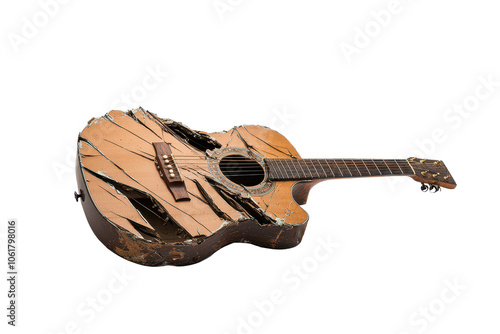 Explore the artistic destruction of a smashed guitar on white background