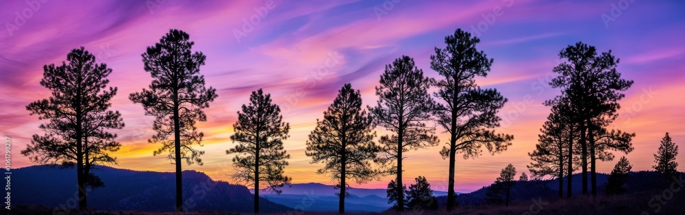 A stunning sunset over the Black Forest with silhouettes of tall pine trees against vibrant purple and orange skies A stunning sunset over the Black Forest with silhouettes of tall pine trees against vibrant purple and orange skies