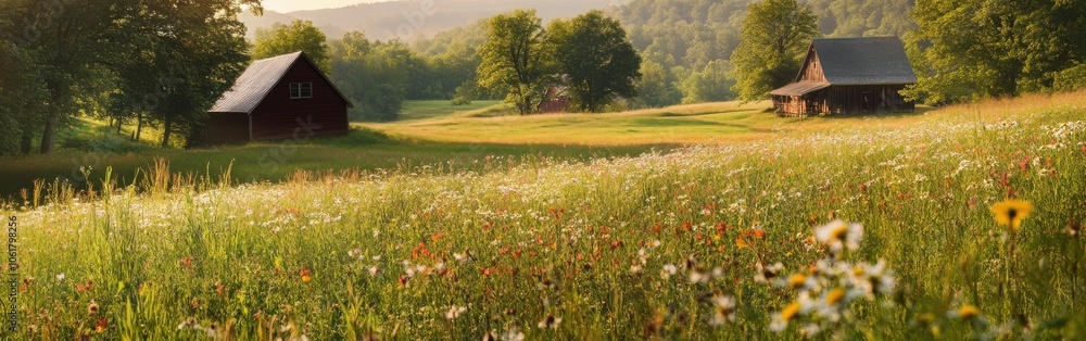 Tranquil meadows at sunset with blooming wildflowers and rustic barns in a peaceful rural landscape Tranquil meadows at sunset with blooming wildflowers and rustic barns in a peaceful rural landscape