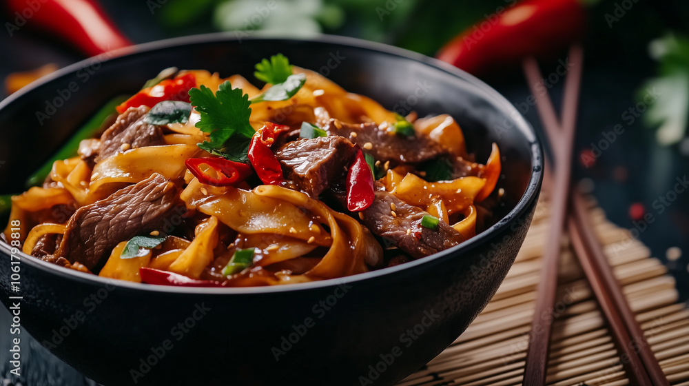 Stir fry with noodles, fresh veggies, beef and herbs in a black bowl. Perfect for asian cuisine lovers, cookbooks, and food inspo. Fresh, Vibrant, delicious and authentic. Stir fry with noodles, fresh veggies, beef and herbs in a black bowl. Perfect for asian cuisine lovers, cookbooks, and food inspo. Fresh, Vibrant, delicious and authentic.