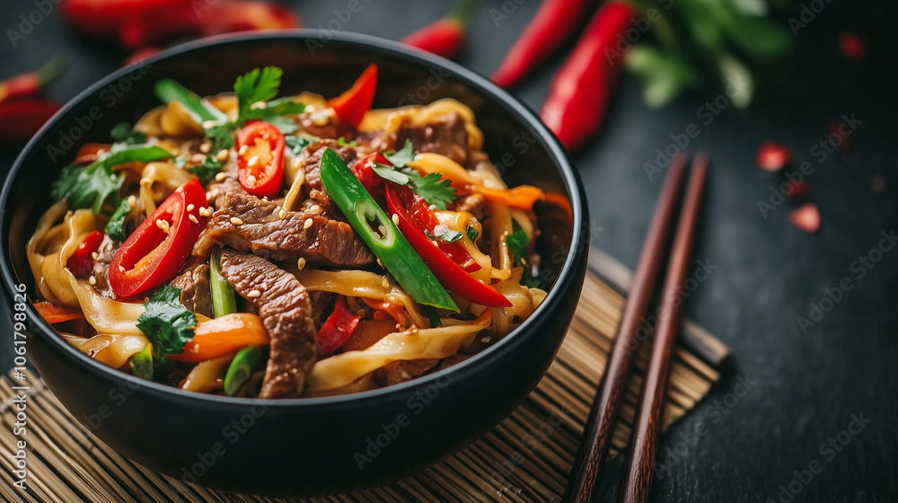 Stir fry with noodles, fresh veggies, beef and herbs in a black bowl. Perfect for asian cuisine lovers, cookbooks, and food inspo. Fresh, Vibrant, delicious and authentic. Stir fry with noodles, fresh veggies, beef and herbs in a black bowl. Perfect for asian cuisine lovers, cookbooks, and food inspo. Fresh, Vibrant, delicious and authentic.