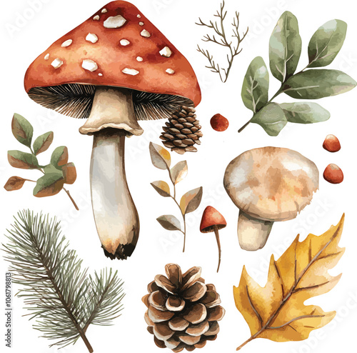 vector set of forest botanical watercolor set with mushrooms, leaves and pine cones on white