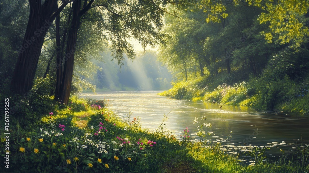 Fototapeta premium A tranquil moment at Brandywine River surrounded by lush greenery and blooming wildflowers in the golden light of morning
